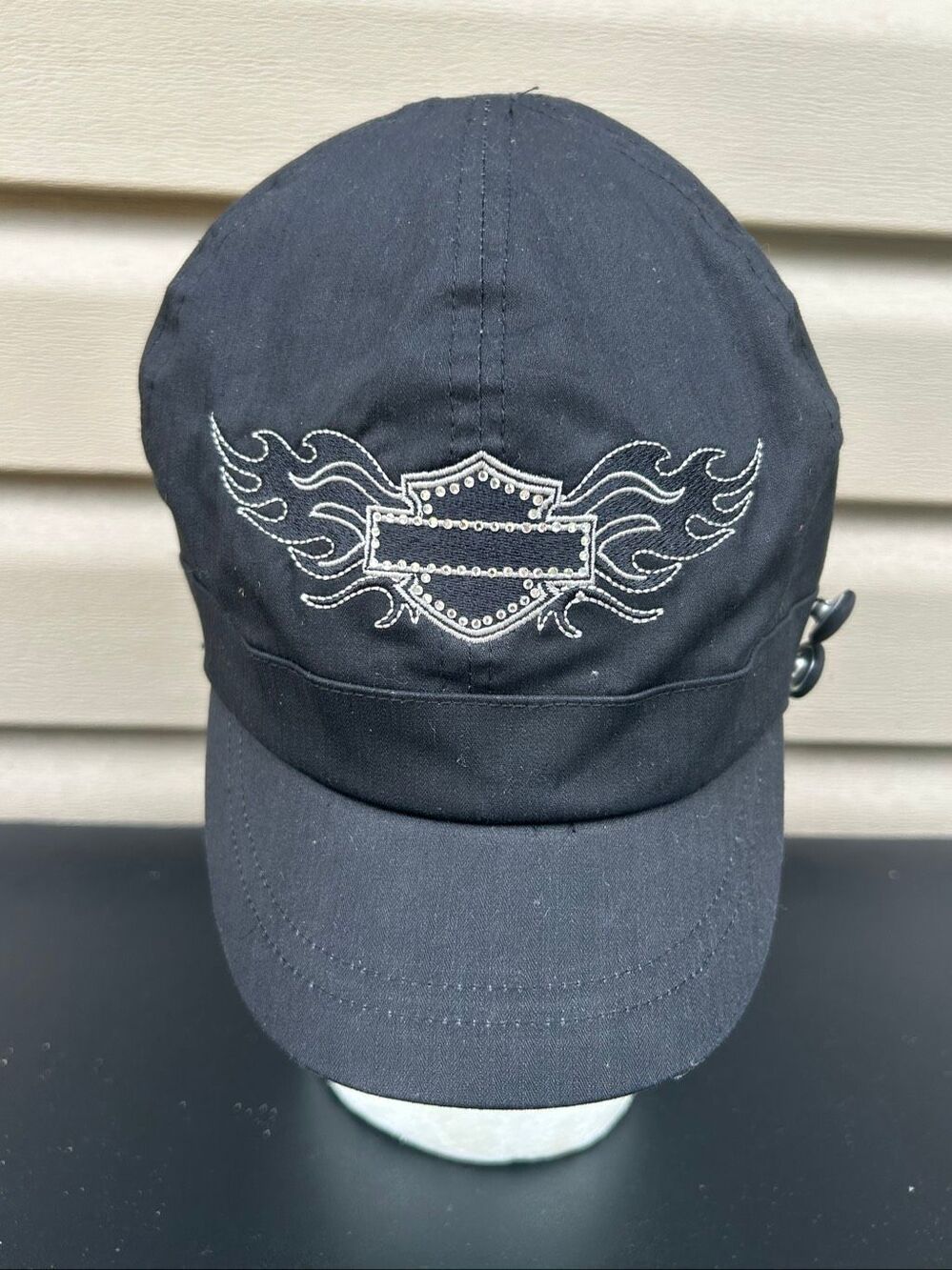 Harley-Davidson NWT Women's Black Rhinestone Flame Cadet Biker Cap Hat Large